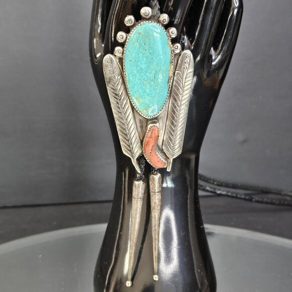 Navajo Turquoise And Coral Sterling Silver Bolo Tie Signed. USA Native American - Picture 1 of 15